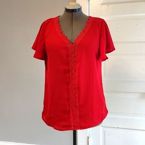 Red embroidery v neck blouse flutter sleeve XL brand new
